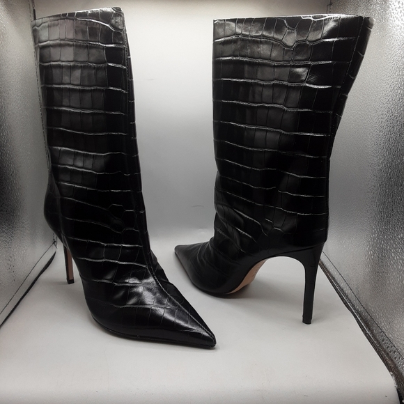 Schutz Mary Croc-Embossed Boots Women's 9B(M) Black Leather Wide Shaft - Picture 1 of 9